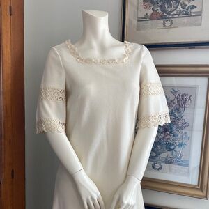Elegant Cream Butte Knit 1960s/70s Maxi Dress with Lace Details